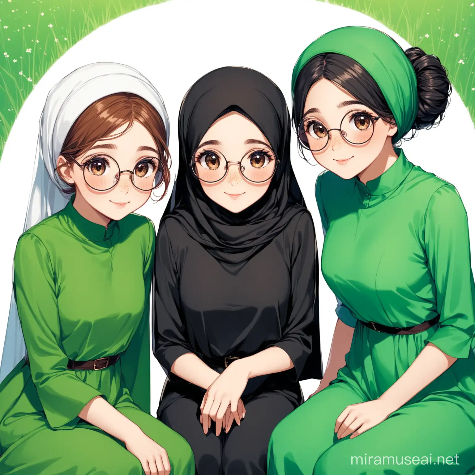 'only 3friends'are together during Ramadan. These are'Esma (a freckled girl in a modern hijab dress, her hair covered so that it cannot be seen, a long-sleeved grass green dress, a headscarf matching her outfit),''Rana (a tall, tall girl with black short sleeves, black trousers, cool black hair, in a circle shape glasses)' and Gamze.'(a brown-haired girl, a cute girl with bun hair, a blue dress, and brown eyes)'are sitting together.