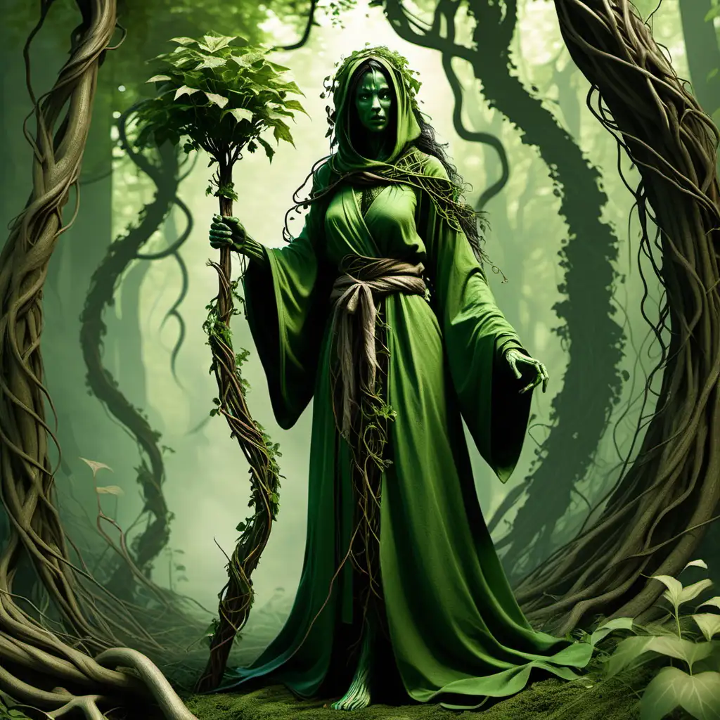 Sha'il, a female humanoid made of vines, forest scenario, holding a staff of life, wearing a green robe