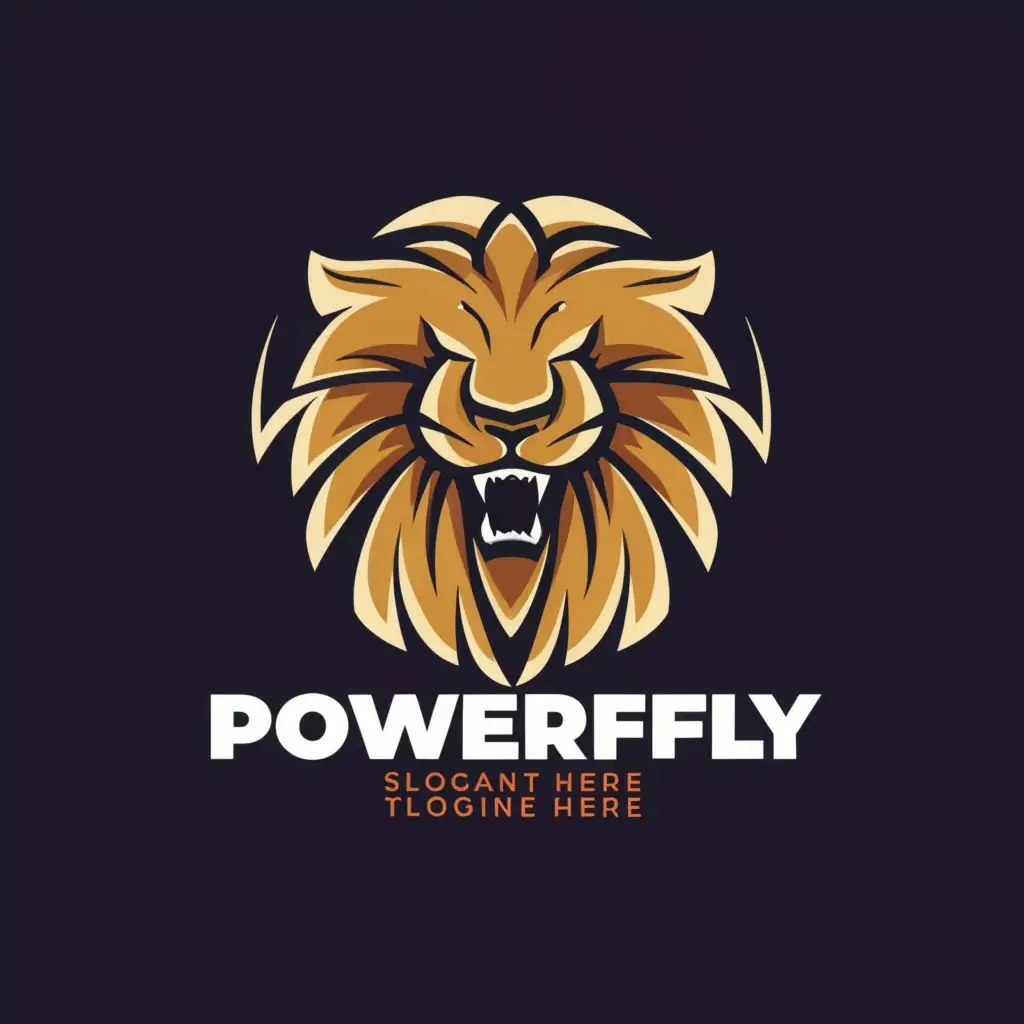 logo, Main symbol circle shape adding lion king and knife like object or powerful symbol add color should be vibrant, with the text "Powerfly", typography, be used in Automotive industry