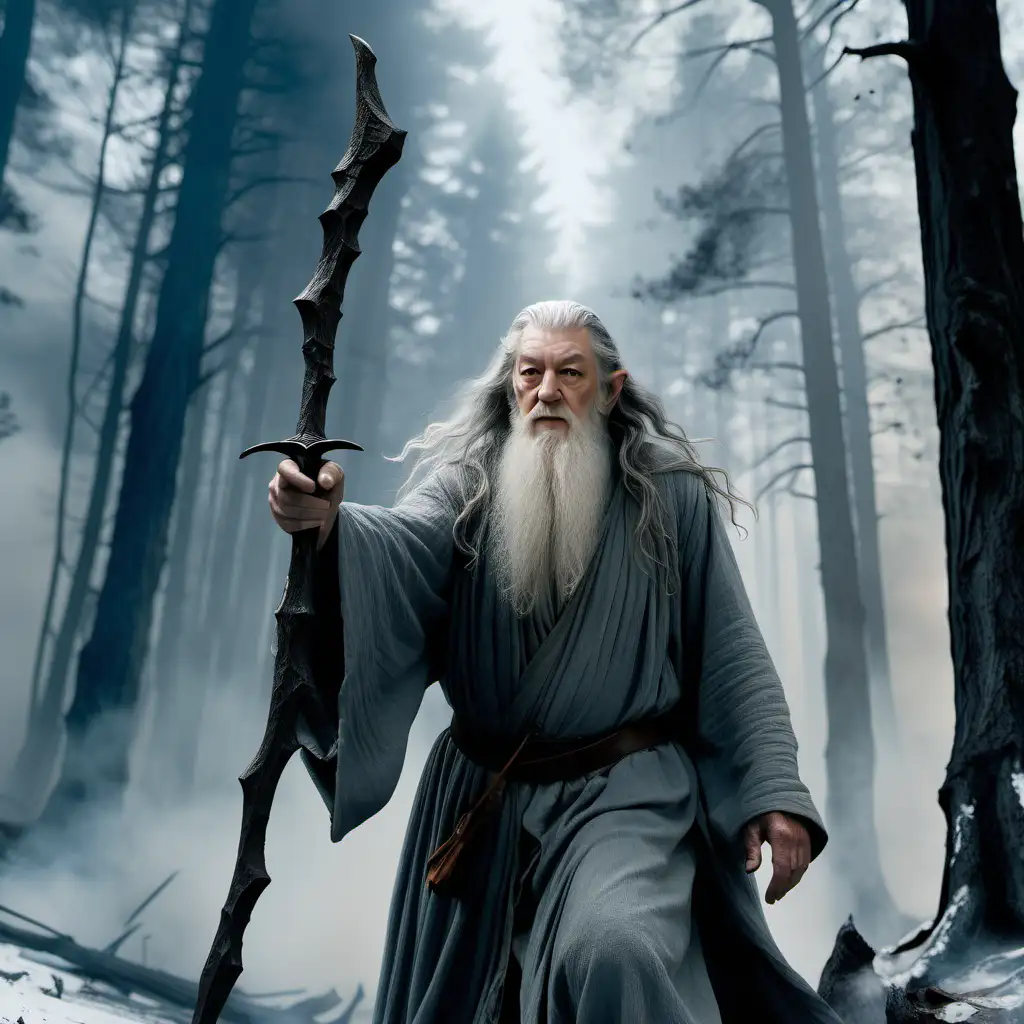 The image portrays ultra realne 8k, kolory muszą być ostre, a striking moment of contrast as both white Gandalf and Legolas stand, each gripping a weapon, with red eyes and menacing expressions. They are silhouetted against a backdrop of a burning forest enveloped in thick smoke on a snowy day. The malevolent atmosphere is heightened by the dramatic low-angle camera perspective, underscoring the gravity of the scene. Gandalf's shirt, bearing a mysterious inscription, adds an enigmatic touch to the composition. The aspect ratio of 2:3 and a vignette with a value of 6 enhance the depth and emphasis, creating a visually powerful and intense composition in this ultra-realistic 8K photo.
