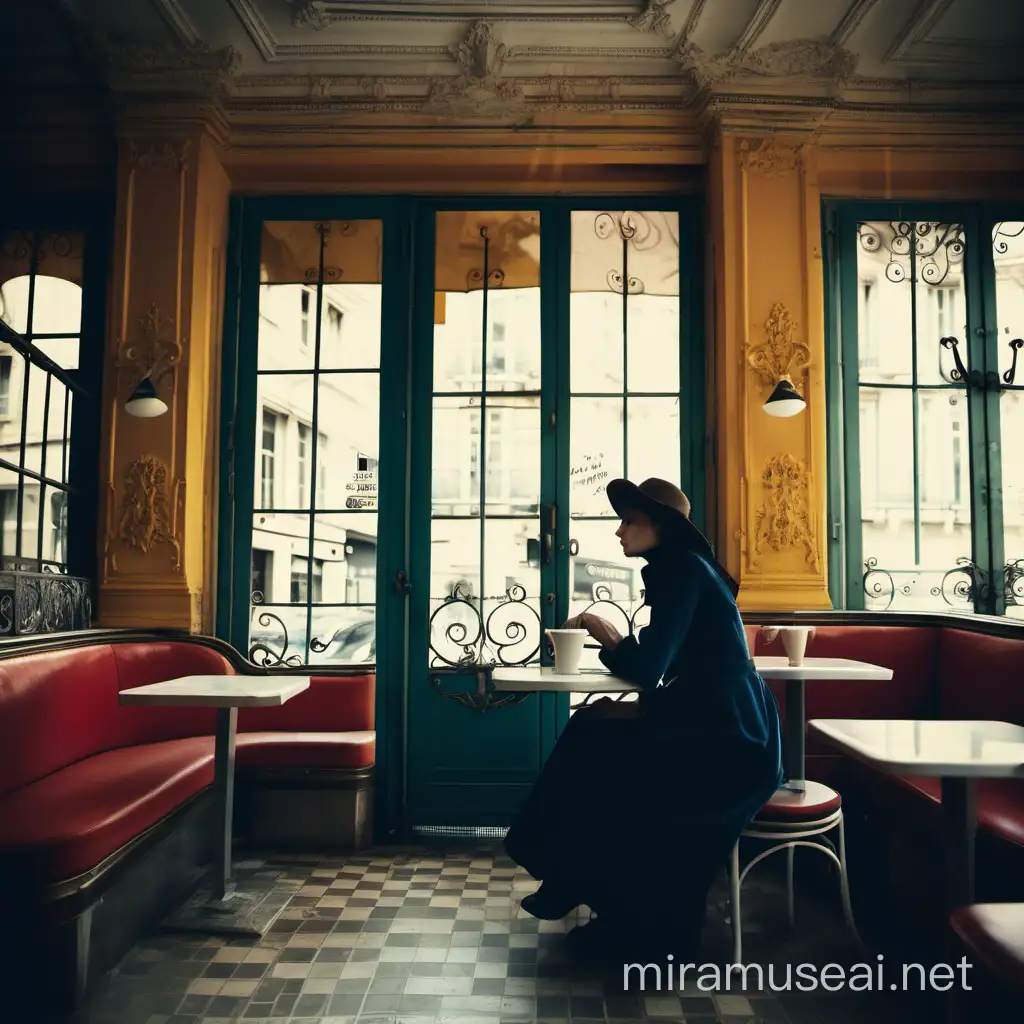color image of a mysterious woman sitting inside a French café