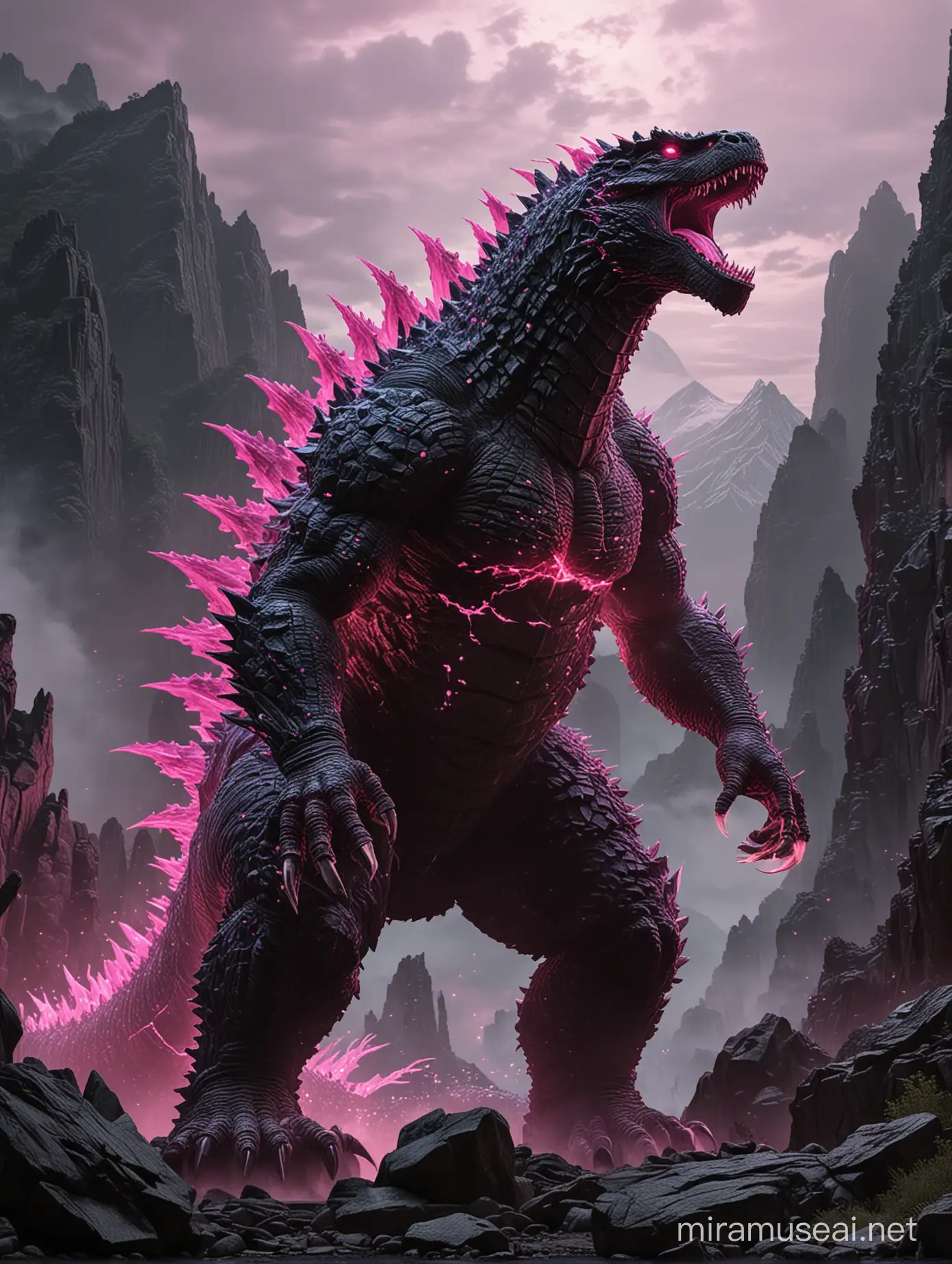 Godzilla raksasa sedang marah dengan duri di punggung bersinar pink sedang berdiri diantara bukit tebing tinggi. Gambar terlihat sangat realistis dan super detail