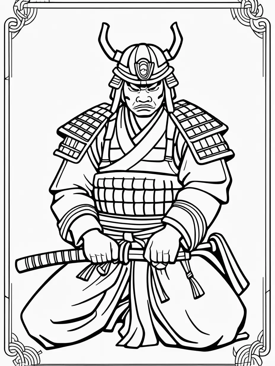 Create samurai kneeling on his knees cartoon black and white coloring page for kids with thick lines, no shading, low detail.