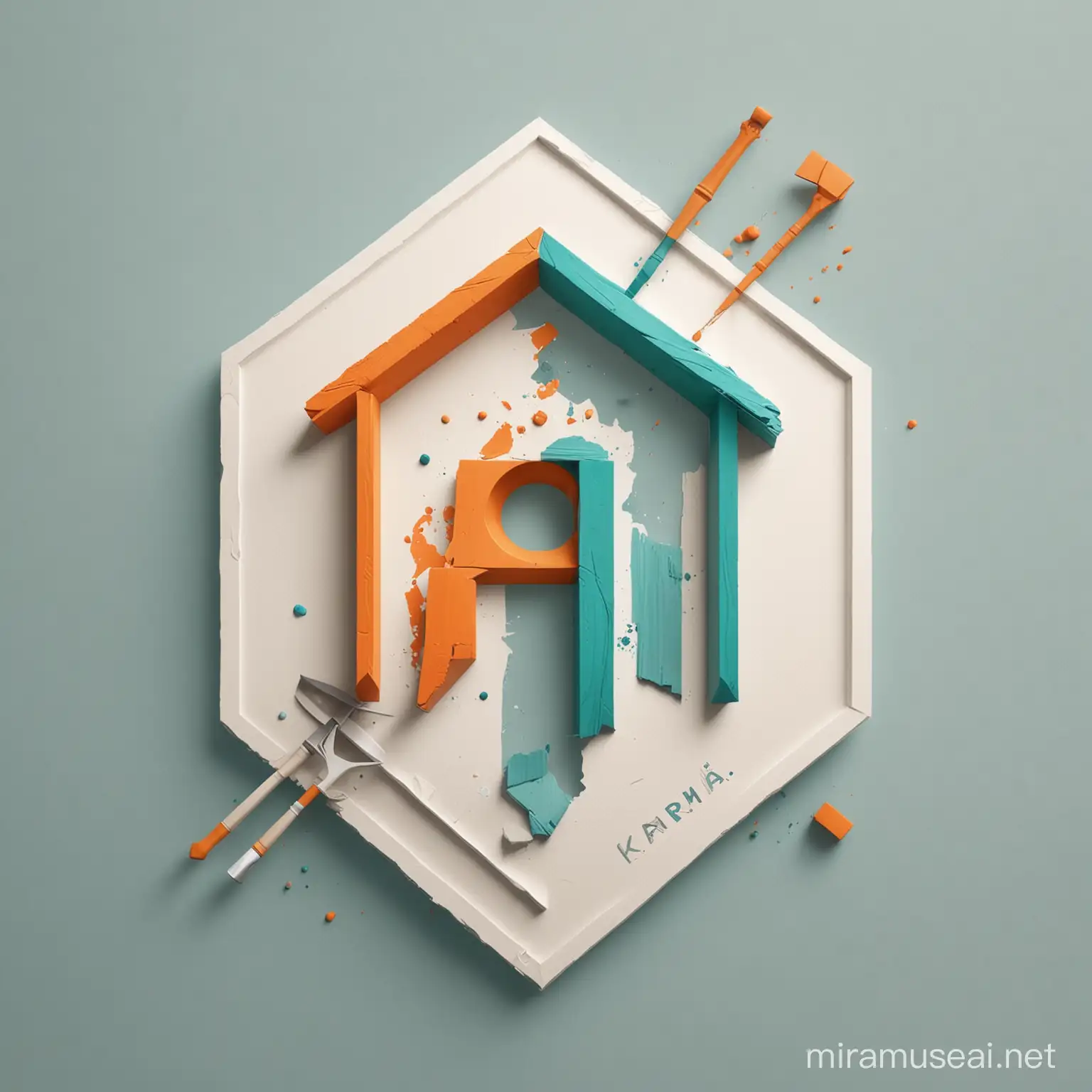 Craft a flat vector, illustrative-style abstract concpt logo design for 'KARMA RENOVATION AND CONSTRUCTION' . Create a geometric shape representing a house under construction with subtle hammer and paintbrush elementswithin. Opt for a color scheme of teal and orange to inspire creativity and reliability against a white background . Do not show any realistic photo details shading.