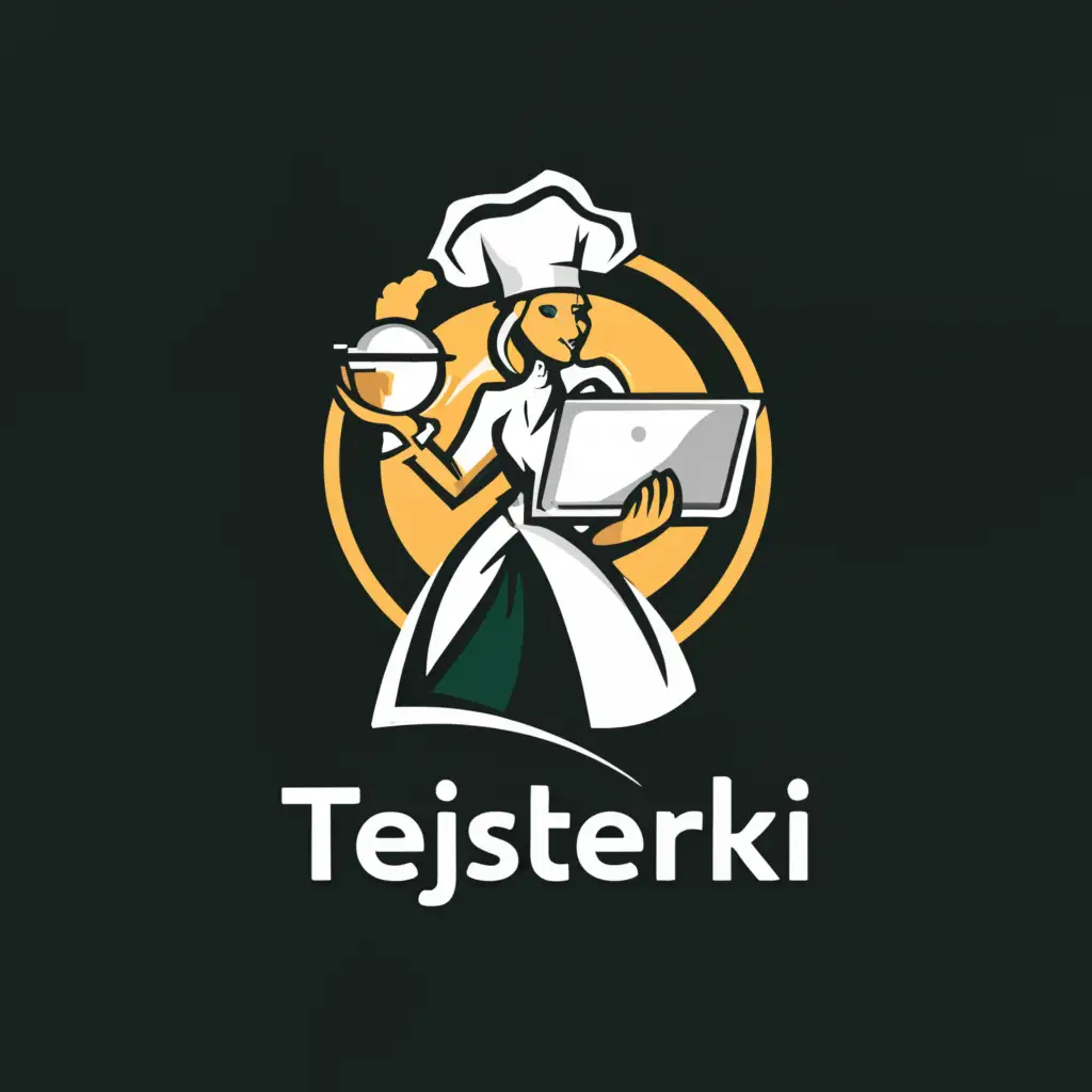 a logo design,with the text Tejsterki, main symbol:woman with laptop and cook hat in green and white colors,Complex,be used in Technology industry,clear background