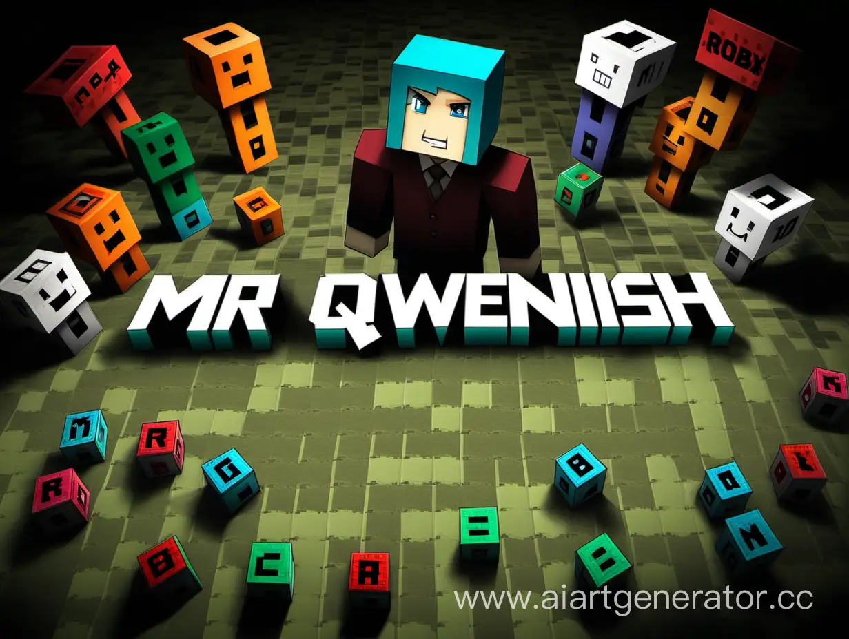 надпись - "MR.QWENISH" на фоне персонажей игры Roblox, сделанная из блоков Mincraft