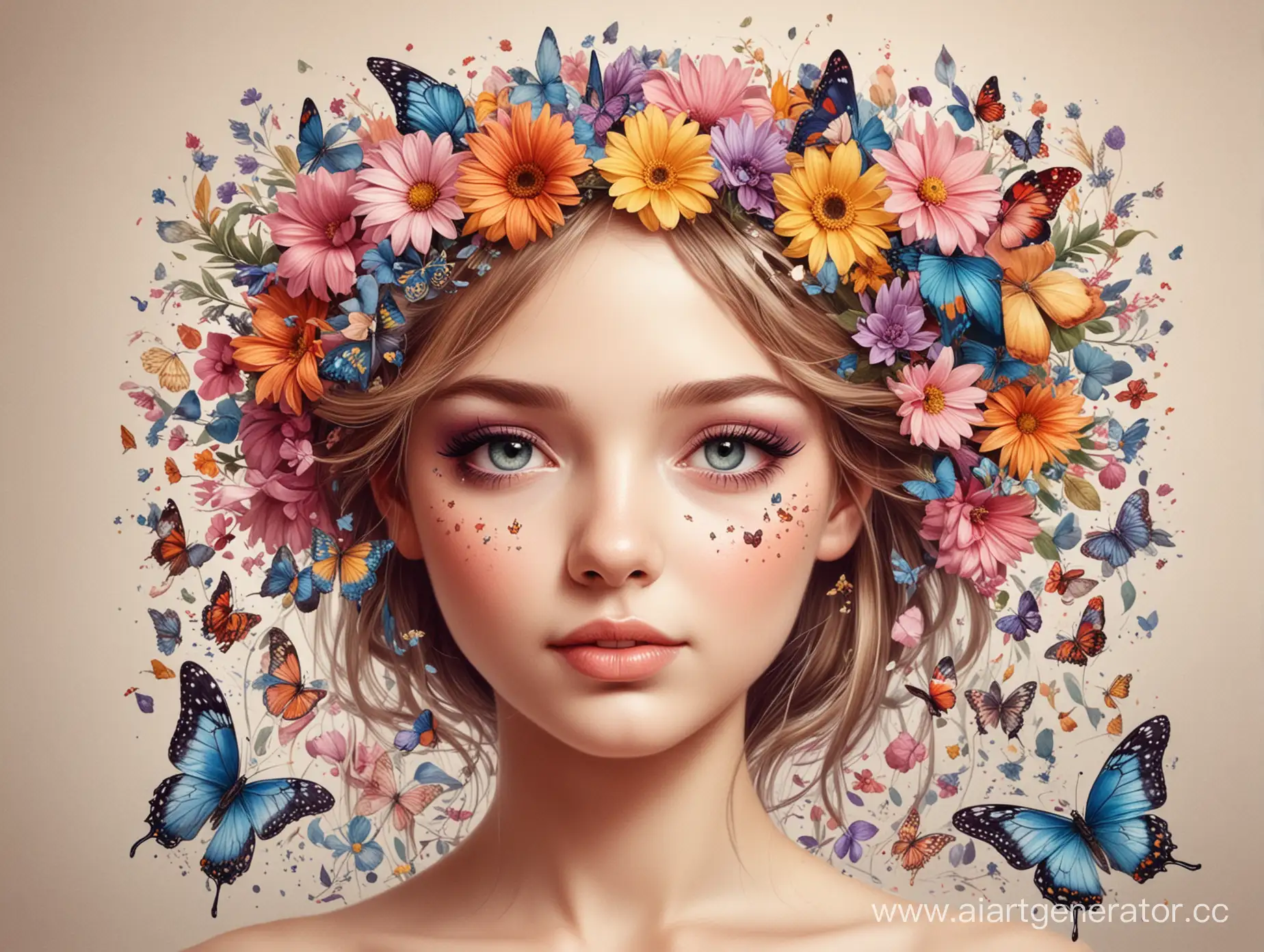 лицо девушки рисунок на голове цветы и бабочки