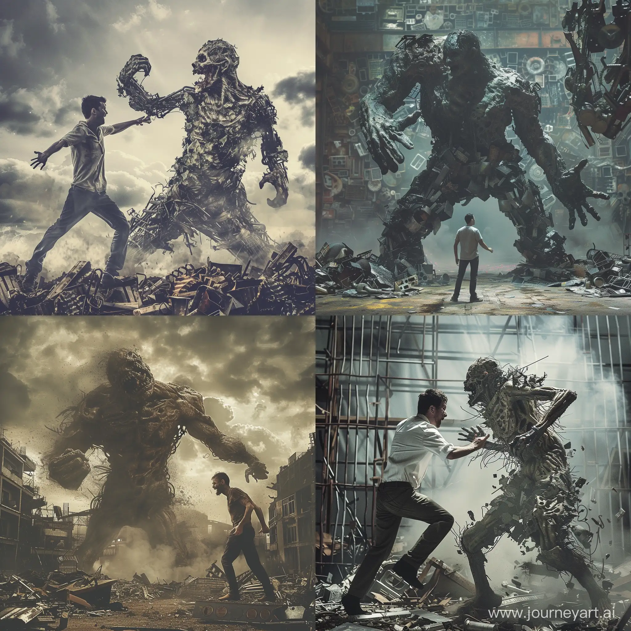 Intense-Battle-Man-Confronts-Zombie-in-Scrap-Metal-Arena