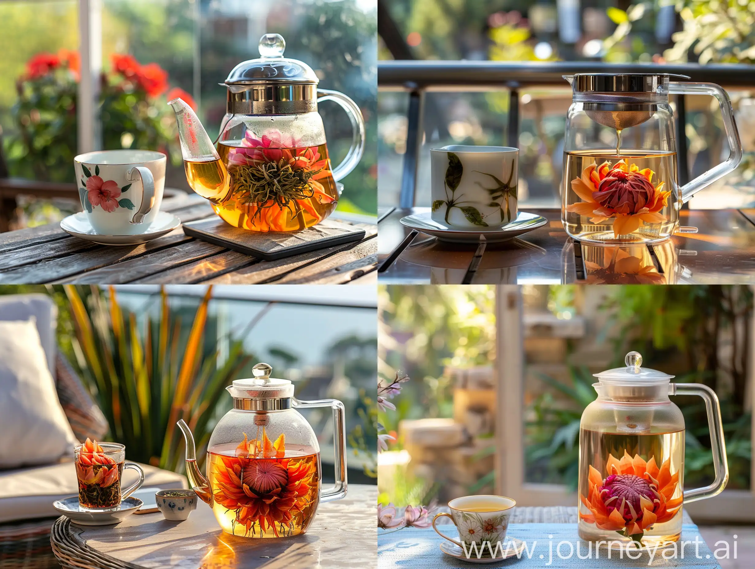 Tea kettle glass with blooming tea, the kettle is on the table on the terrace next to the matching cup