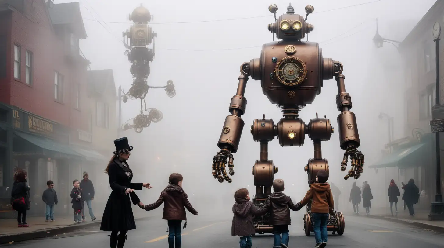 Steampunk robot, playing with human children, fog, large street