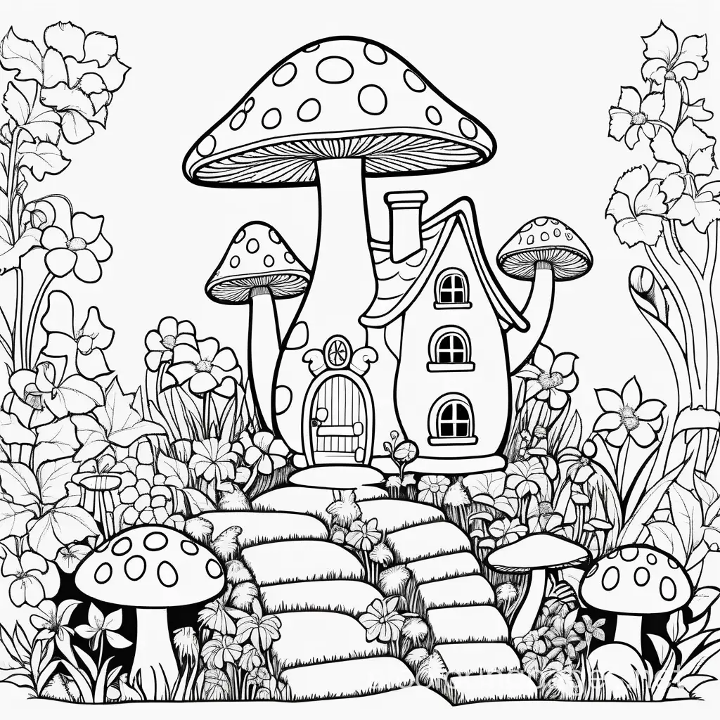 Illustrate a magical mushroom house in fairy flower garden coloring page, Coloring Page, black and white, line art, white background, Simplicity, Ample White Space. The background of the coloring page is plain white to make it easy for young children to color within the lines. The outlines of all the subjects are easy to distinguish, making it simple for kids to color without too much difficulty