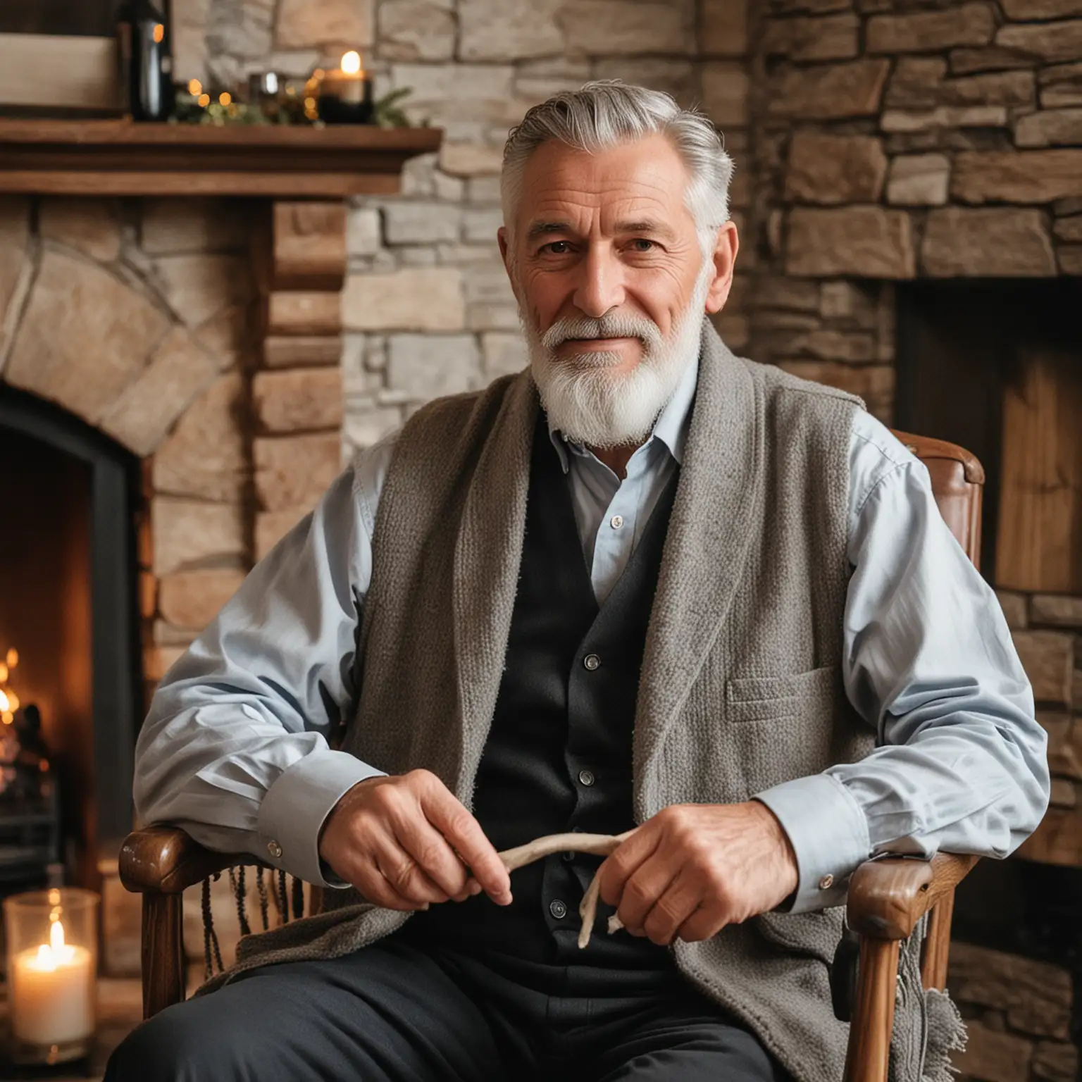 Elderly Man Relaxing by Fireplace in Rocking Chair