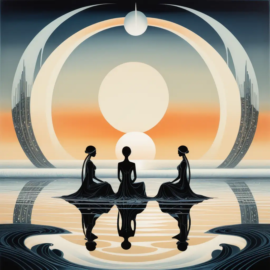 futuristic sunset seascape with three women sitting by the shore in style of kay nielsen paintings