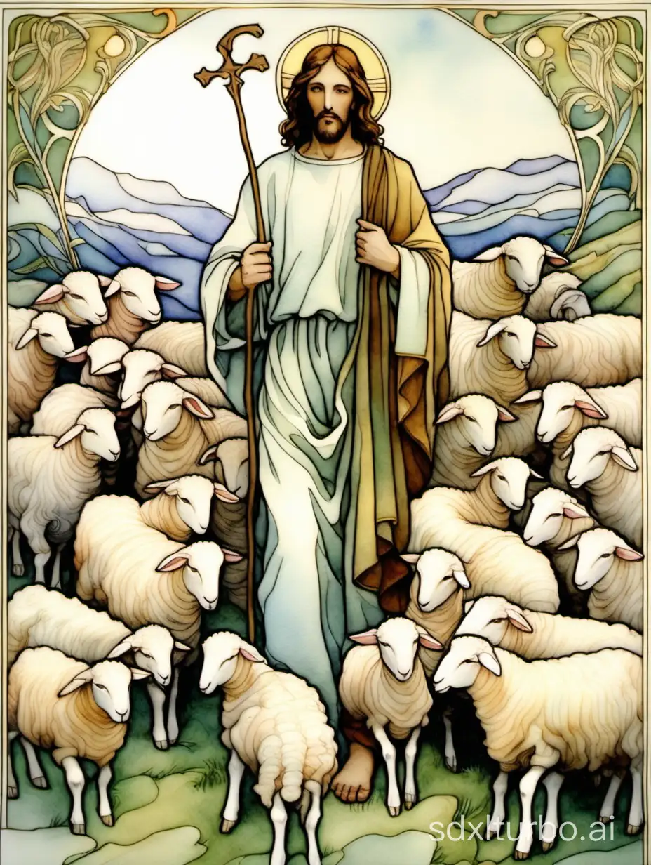jesus, the good shepherd and his flock of sheep, delicate and highly detailed art nouveau masterpiece in watercolor
