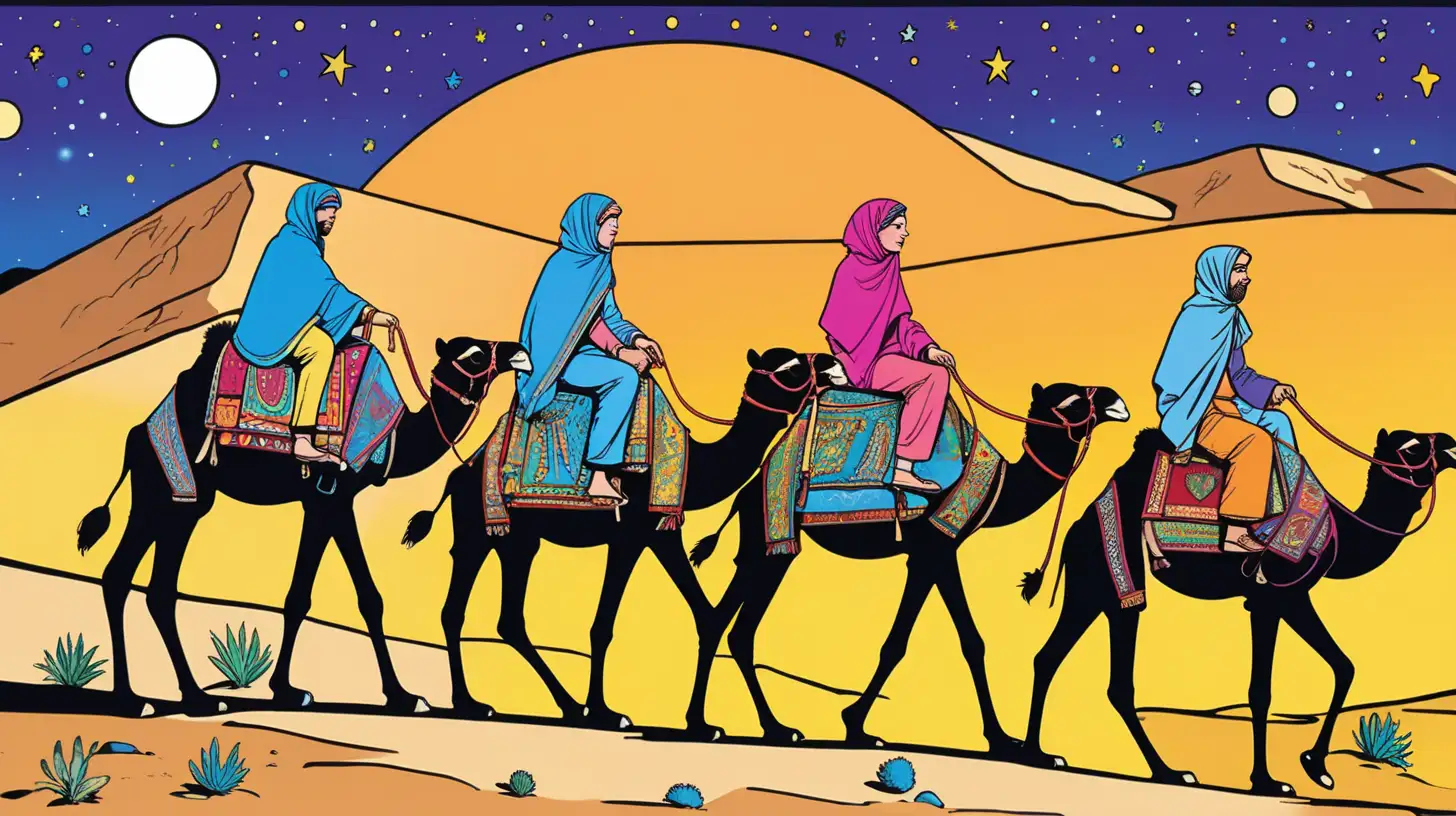 Night Camel Ride Pop Art Desert Adventure under Starlit Sky