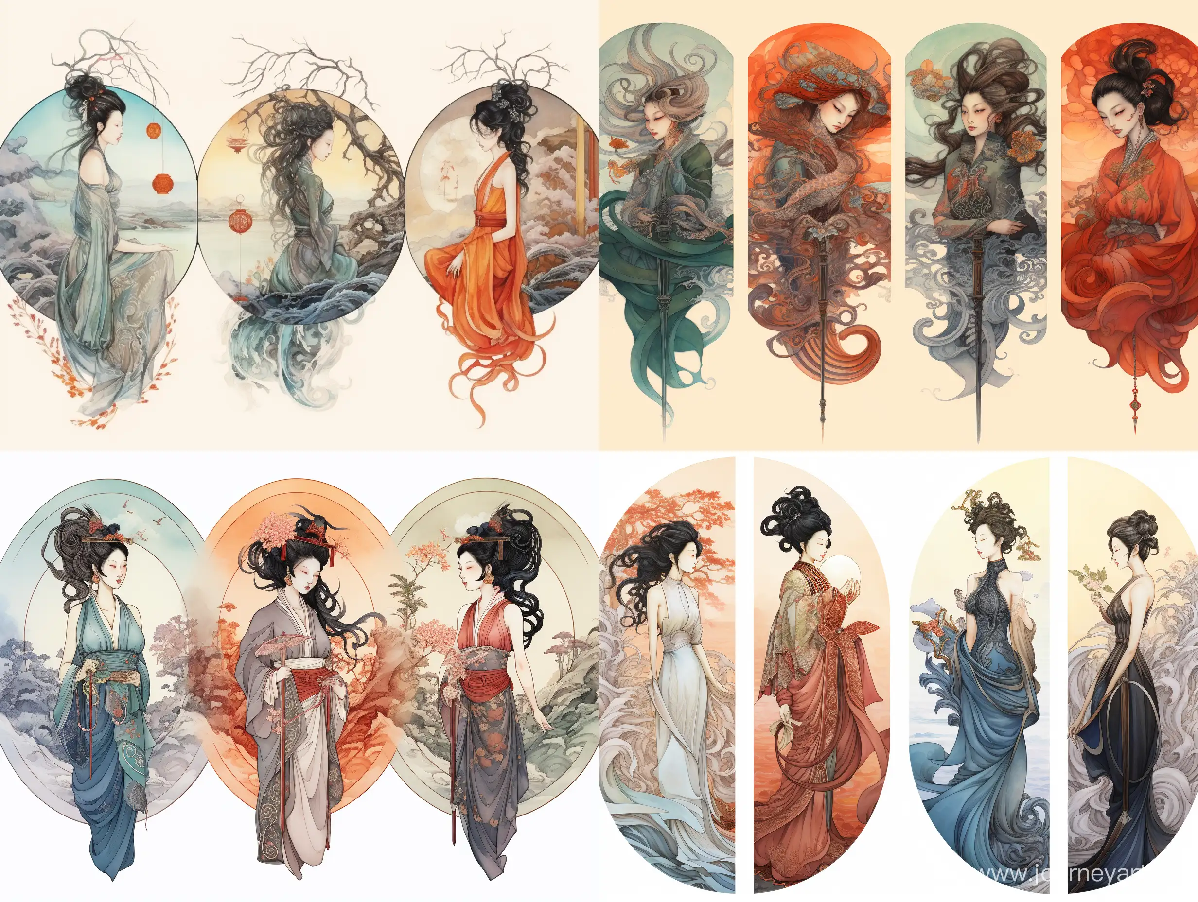 four variants of ancient China, flat illustration, watercolor, ink, Victor Ngai style