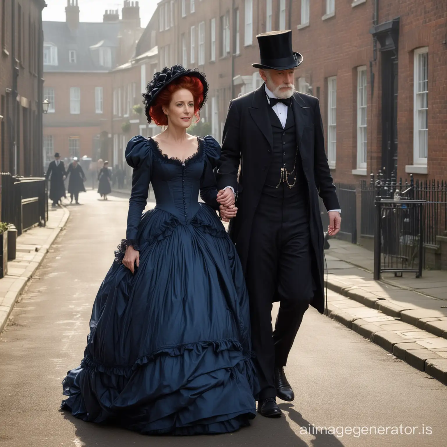 red hair Gillian Anderson wearing a dark blue floor-length loose billowing 1860 Victorian crinoline poofy dress with a frilly bonnet walking on Victorian era street with an old man dressed into a black Victorian suit who seems to be her newlywed husband