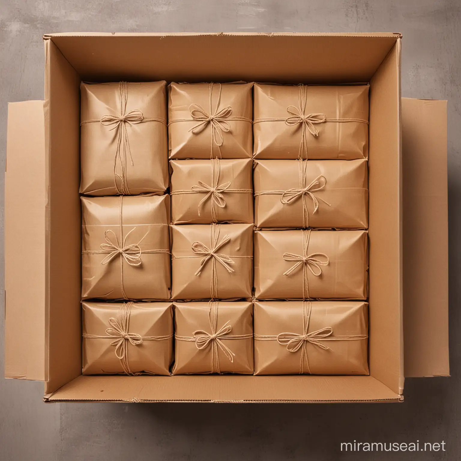 A picture of smaller parcels being arranged in a bigger carton full view
