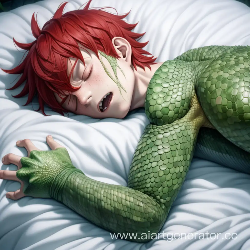 Рыжий аниме мальчик лежит спит на белом покрывале, а его тело покрывается зелёной чешуёй рептилий,  выгибается от боли,  #хорор #аниме #realistic 
