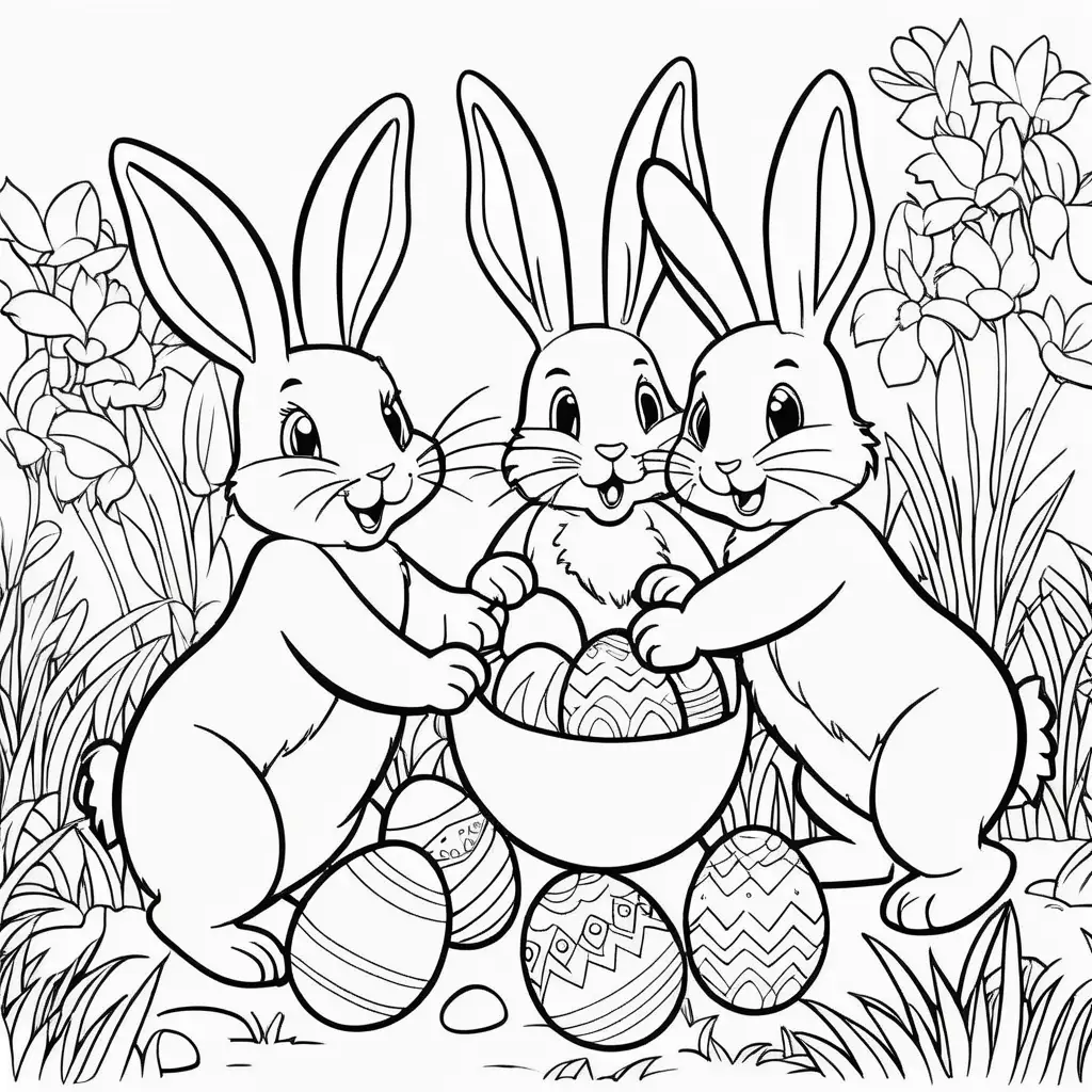 colouring book  image cute cartoon eastern rabbits happy and excited doing easter egg hunt having lots of fun