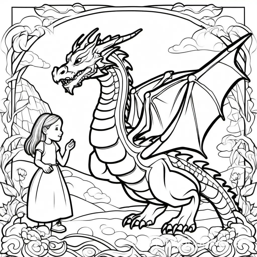 dragon and little girl, Coloring Page, black and white, line art, white background, Simplicity, Ample White Space. The background of the coloring page is plain white to make it easy for young children to color within the lines. The outlines of all the subjects are easy to distinguish, making it simple for kids to color without too much difficulty