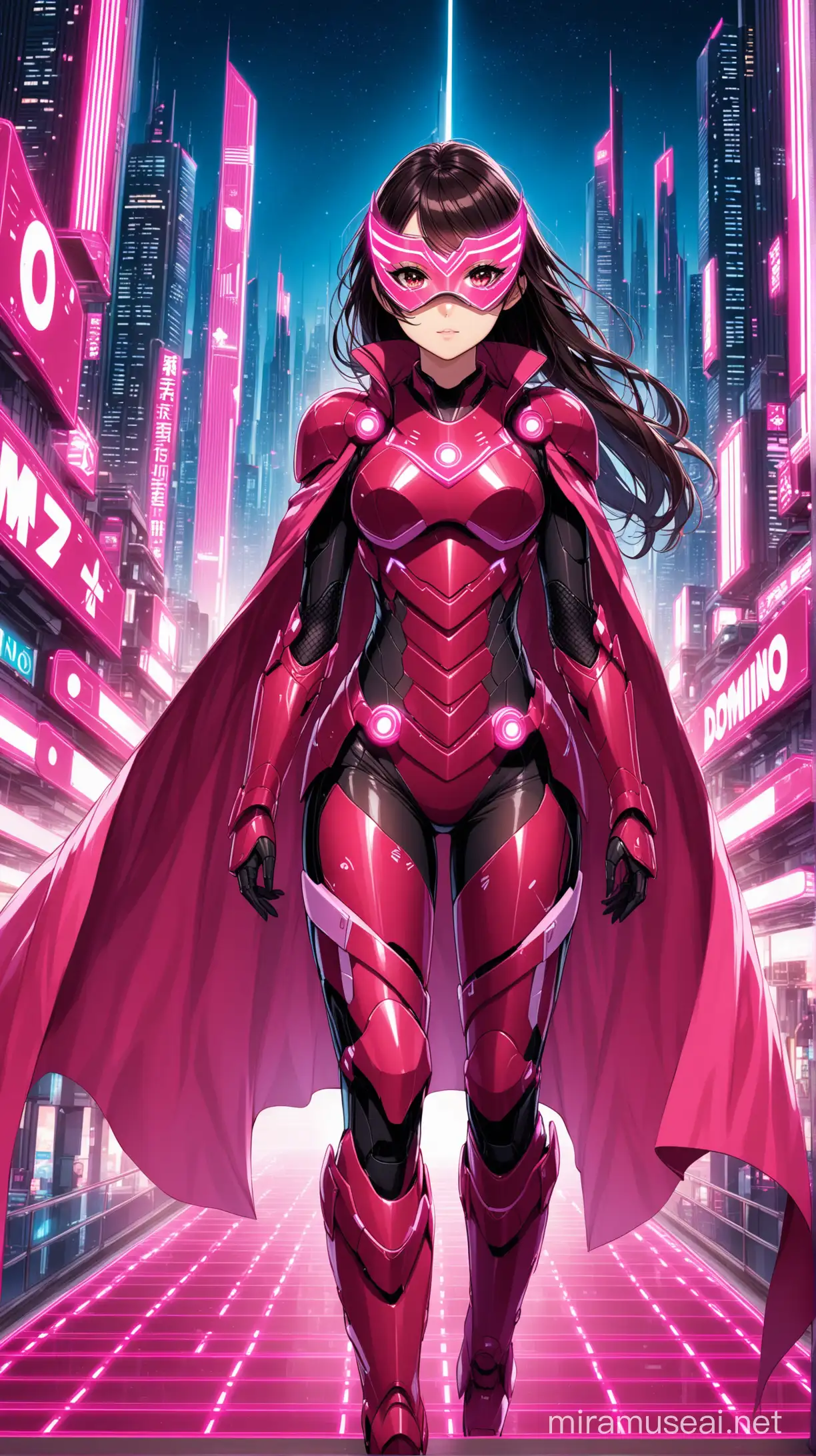 an attractive young woman, dark hair, crimson eyes, wearing crimson and pink futuristic armour, pink domino mask, pink cape, standing in a futuristic city, at night