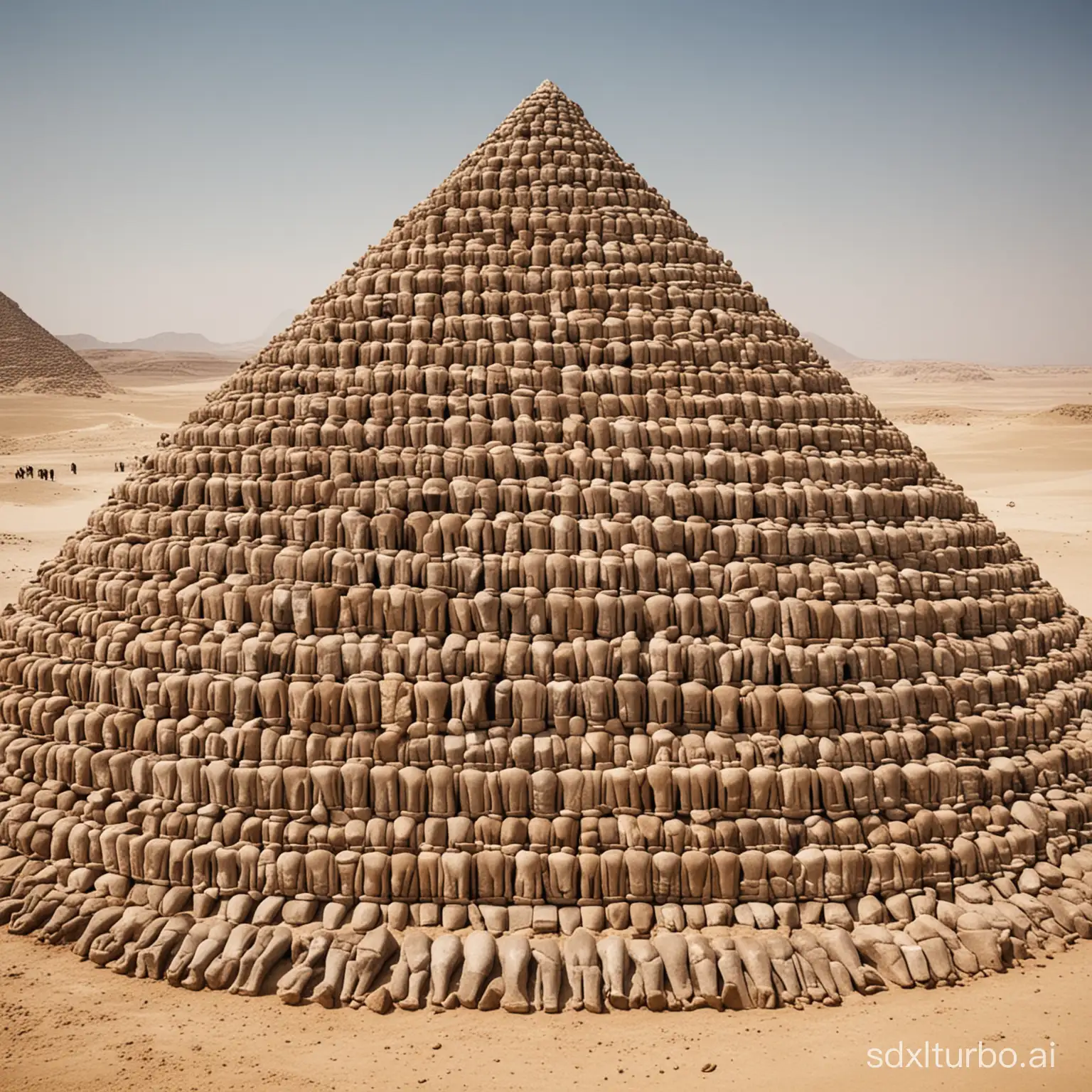 a pyramid made of human bodies shaped like stones