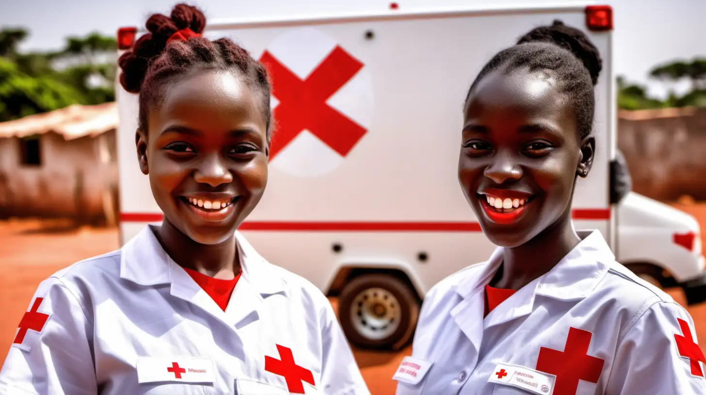 two young African Red Cross volunteer girls smiling. Background should be very nice with abstract red, white and black colors and a Red Cross flag somewhere and a Red Cross Ambulance