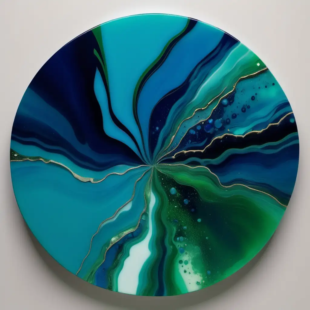 Een rond kunstwerk met epoxy en groene en blauwe kleuren