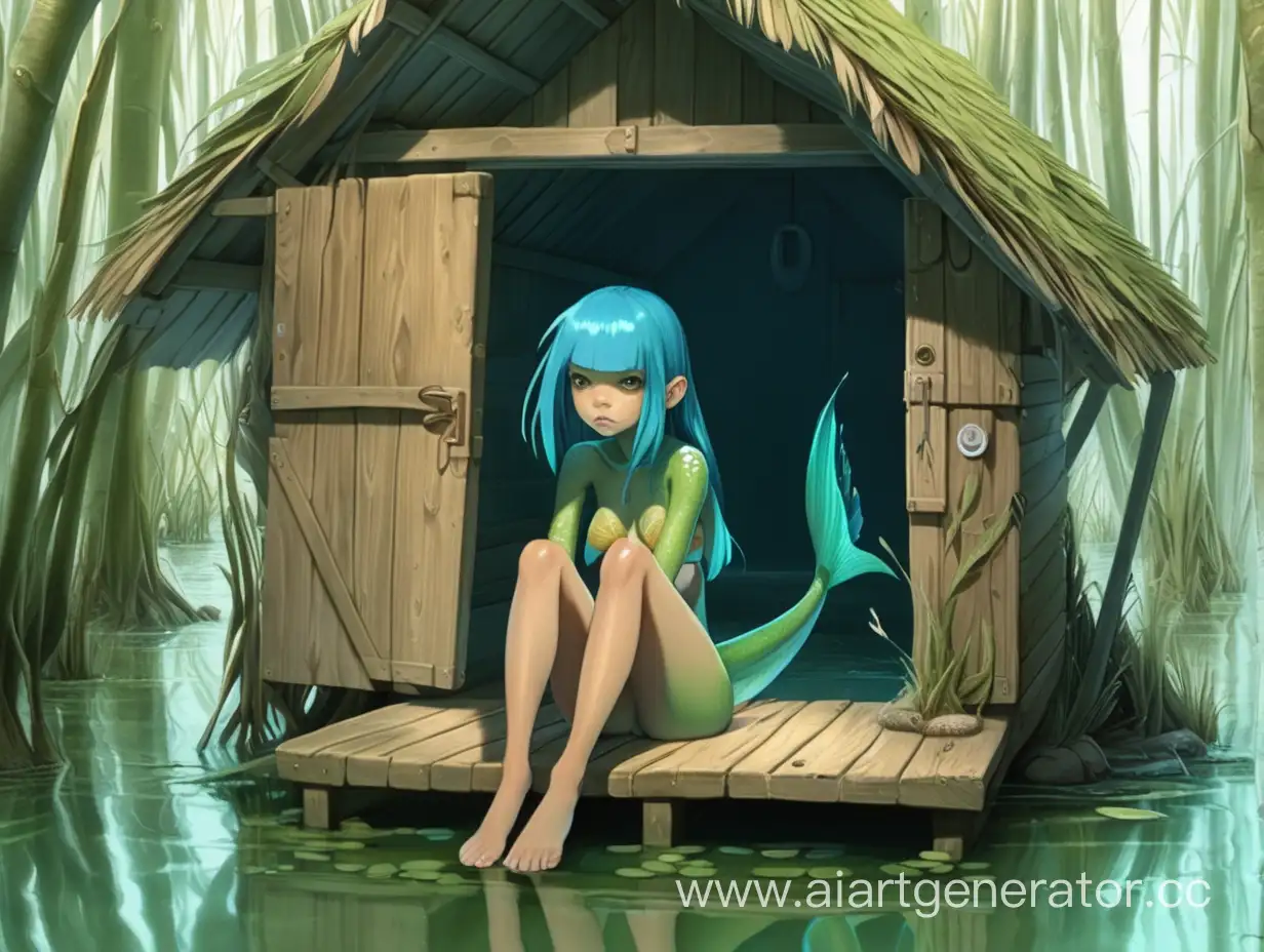 Mutant fish girl sits in a hut in the swamp
