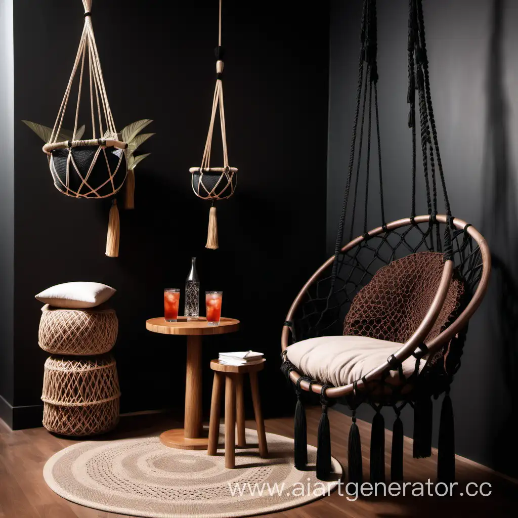 В углу висит подвесное плетёное макраме кресло из чёрных ниток с кисточками, внутри кресла подушки цвета горького шоколадом, деревянный столики вокруг, на столе кальян, на столе коктейли.