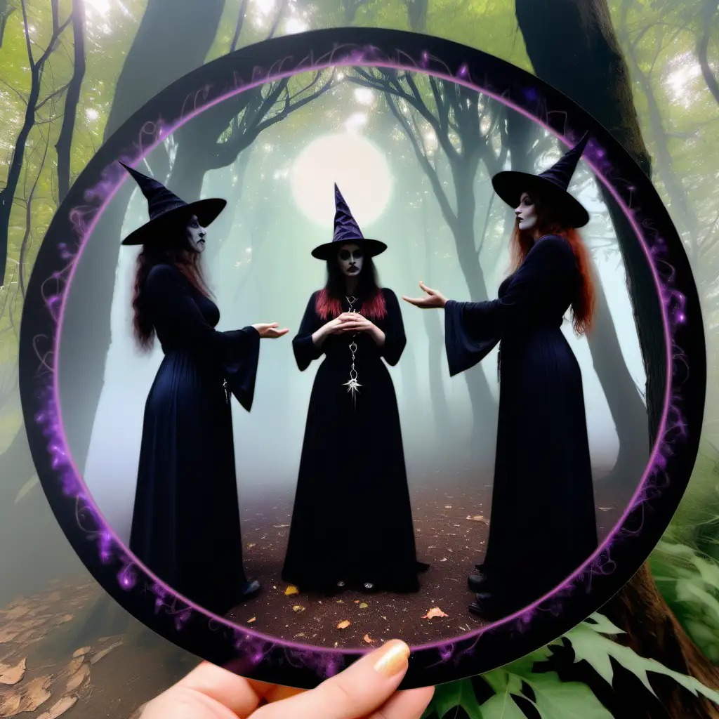 Witches standing in a circle in nature oracle card ethereal realistic all different 