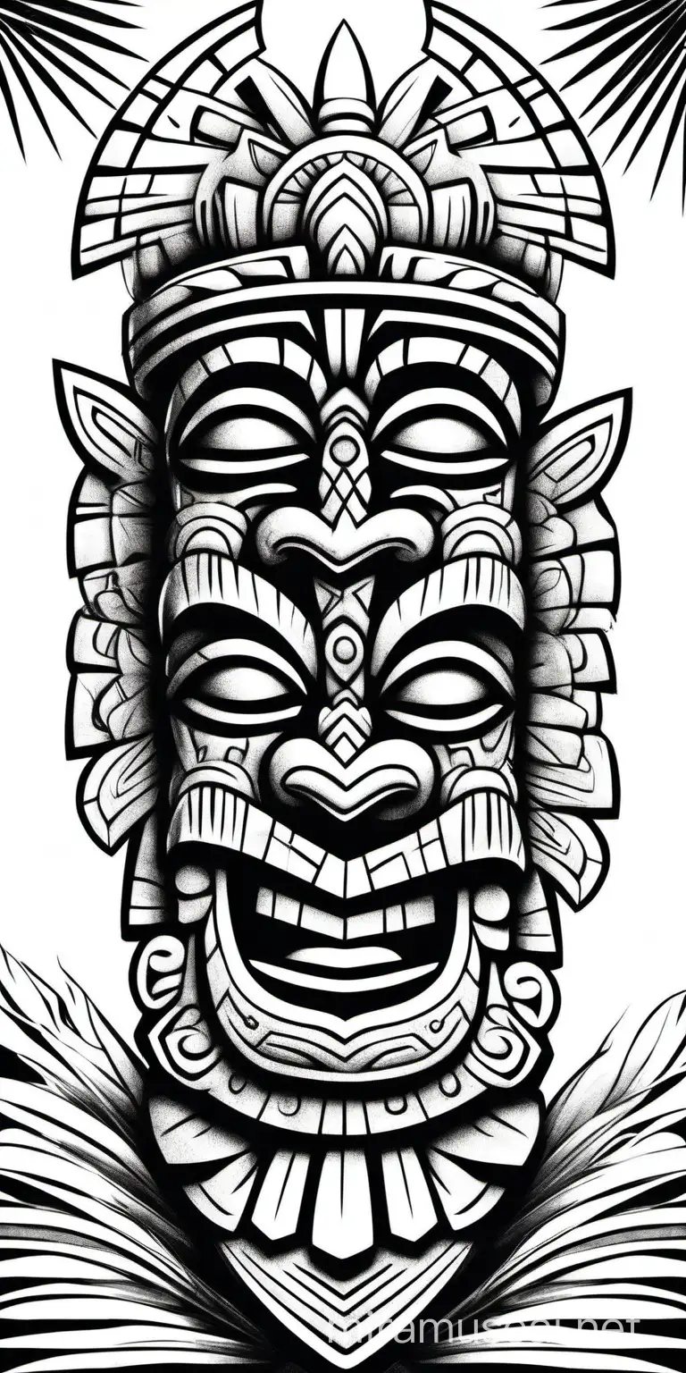 Elegant Black and White Line Drawing of a Tiki Totem God