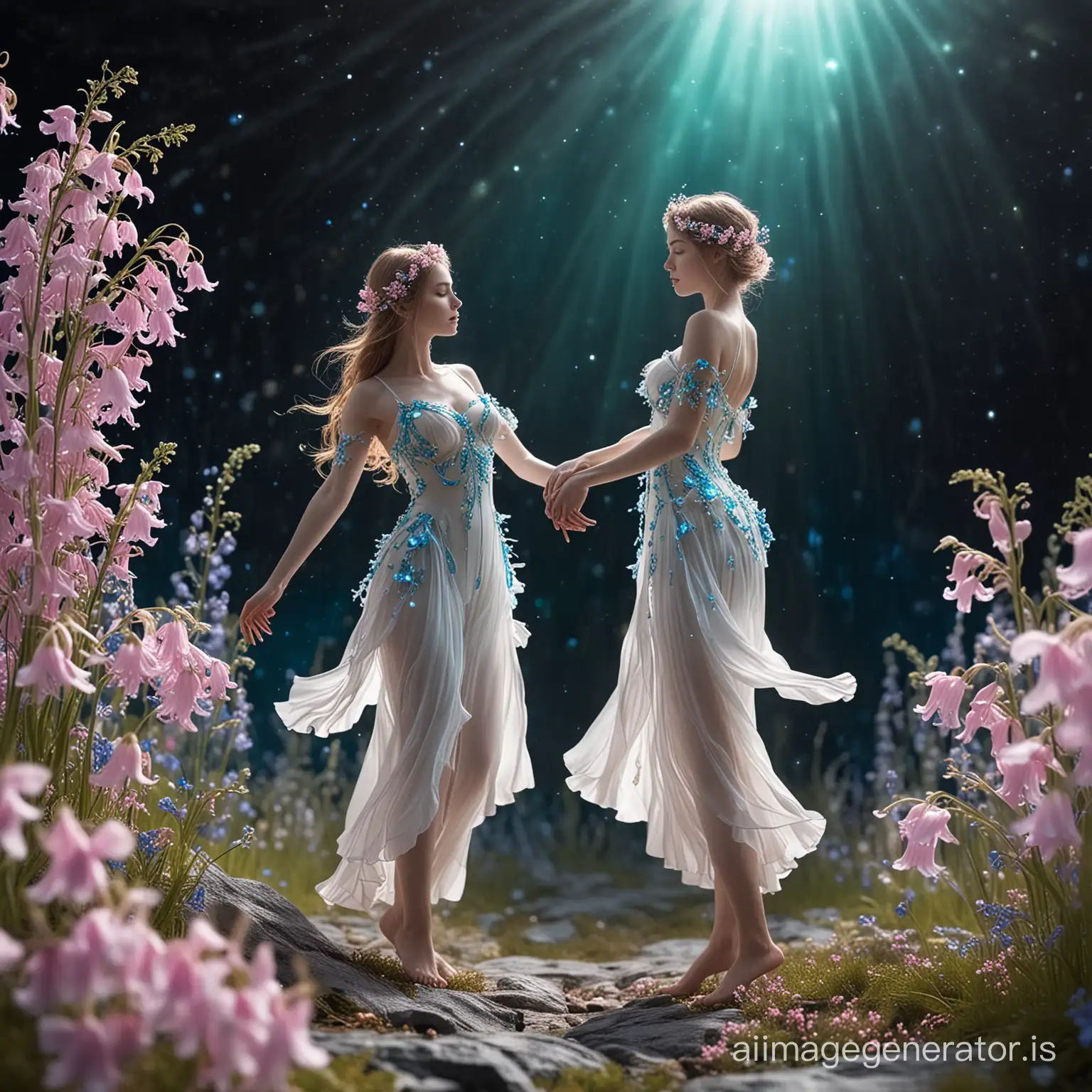 dance of delicate white turquoise, pink bluebell flowers from the northern lights, ultra detailed, light from within, sharp focus, top quality professional photography, science fiction, intricate artistic masterpiece, golden ratio, epic, highly detailed, vibrant, cinematic portrayal of characters, ultra high quality model @liaru