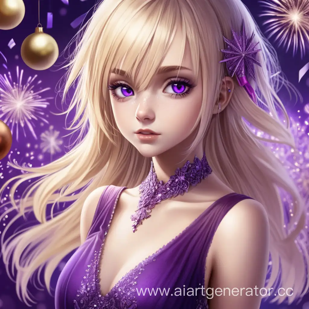 девушка блондинка новый год, фиолетовые глаза, фиолетовое платье