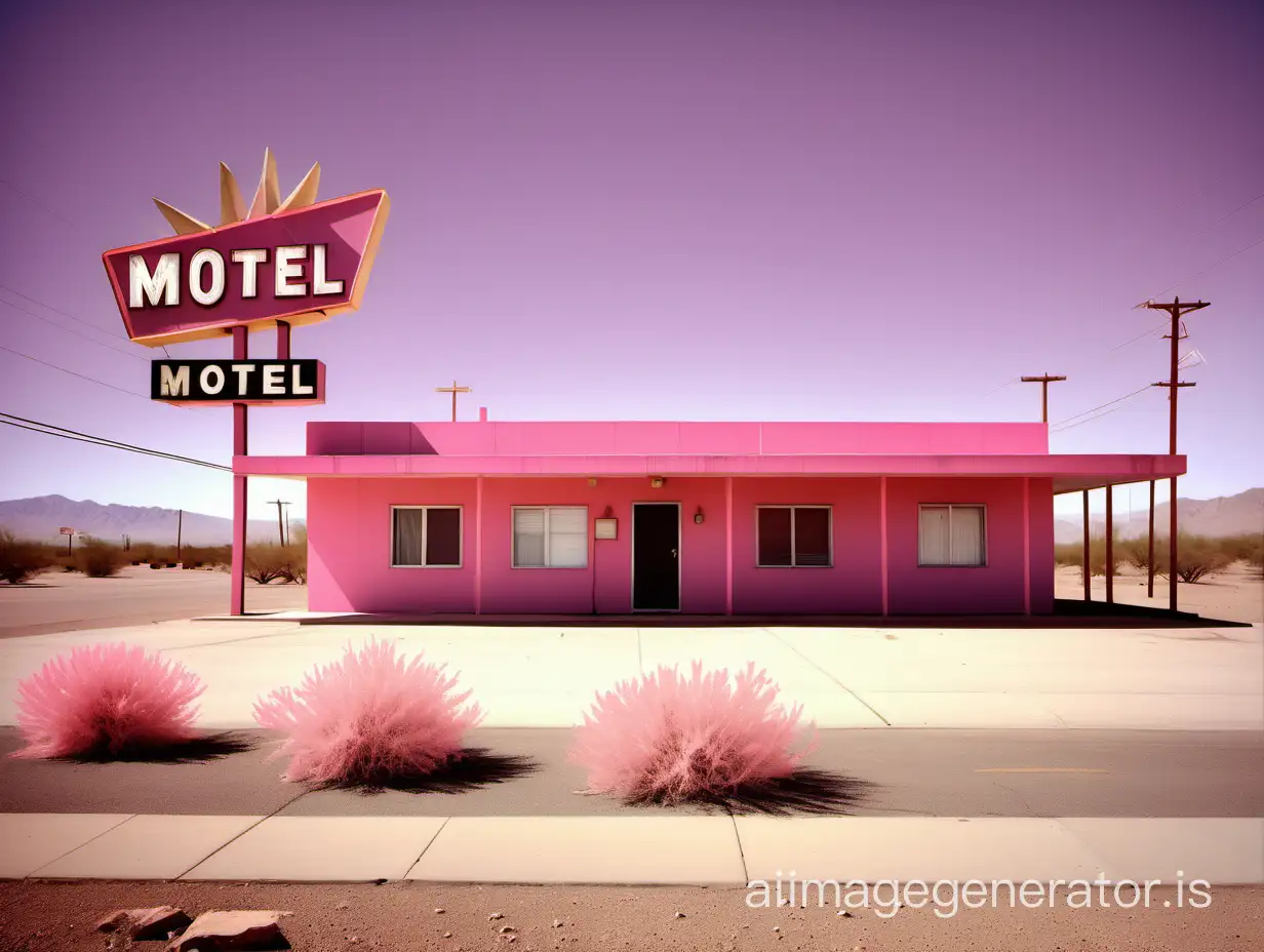 realistic vintage photo of a roadside motel in the desert, pink building, tumbleweeds, neon motel sign