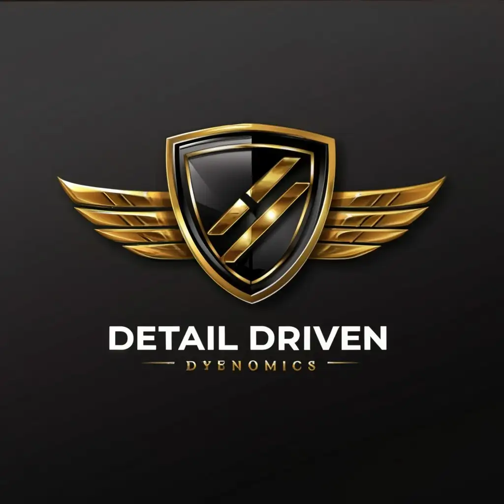 a logo design,with the text "DETAIL DRIVEN DYNAMICS", main symbol:a logo design, with the text 'DETAIL DRIVEN DYNAMICS', main symbol: SHIELD, MODERATED. BE USED IN AUTOMOTIVE INDUSTRY. with only colors black and gold and glow look. CAR WITH AIR SUSPENSION IN LOGO, complex, clear background,Moderate,clear background