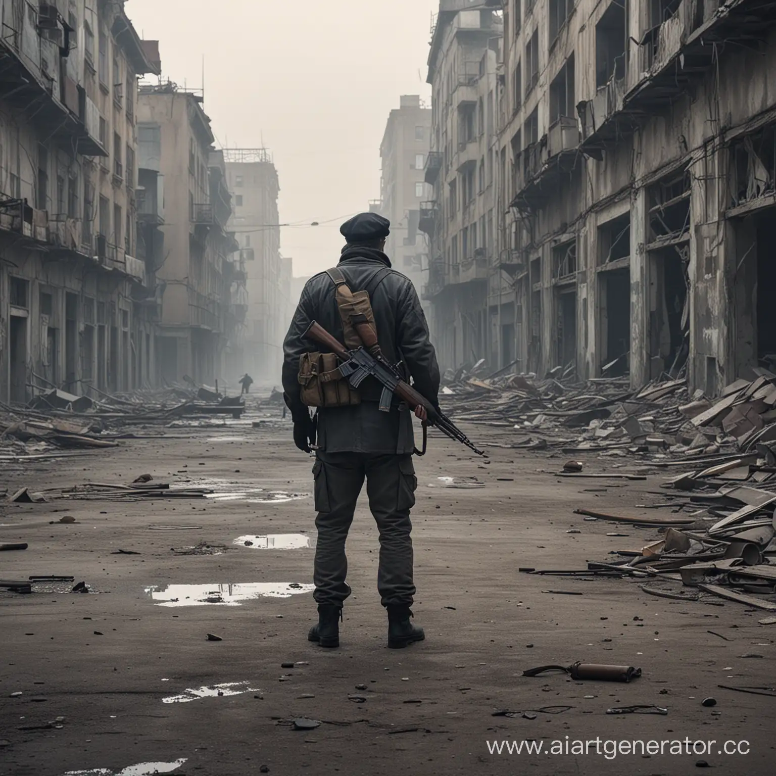 Man-with-Rifle-Standing-in-Abandoned-City