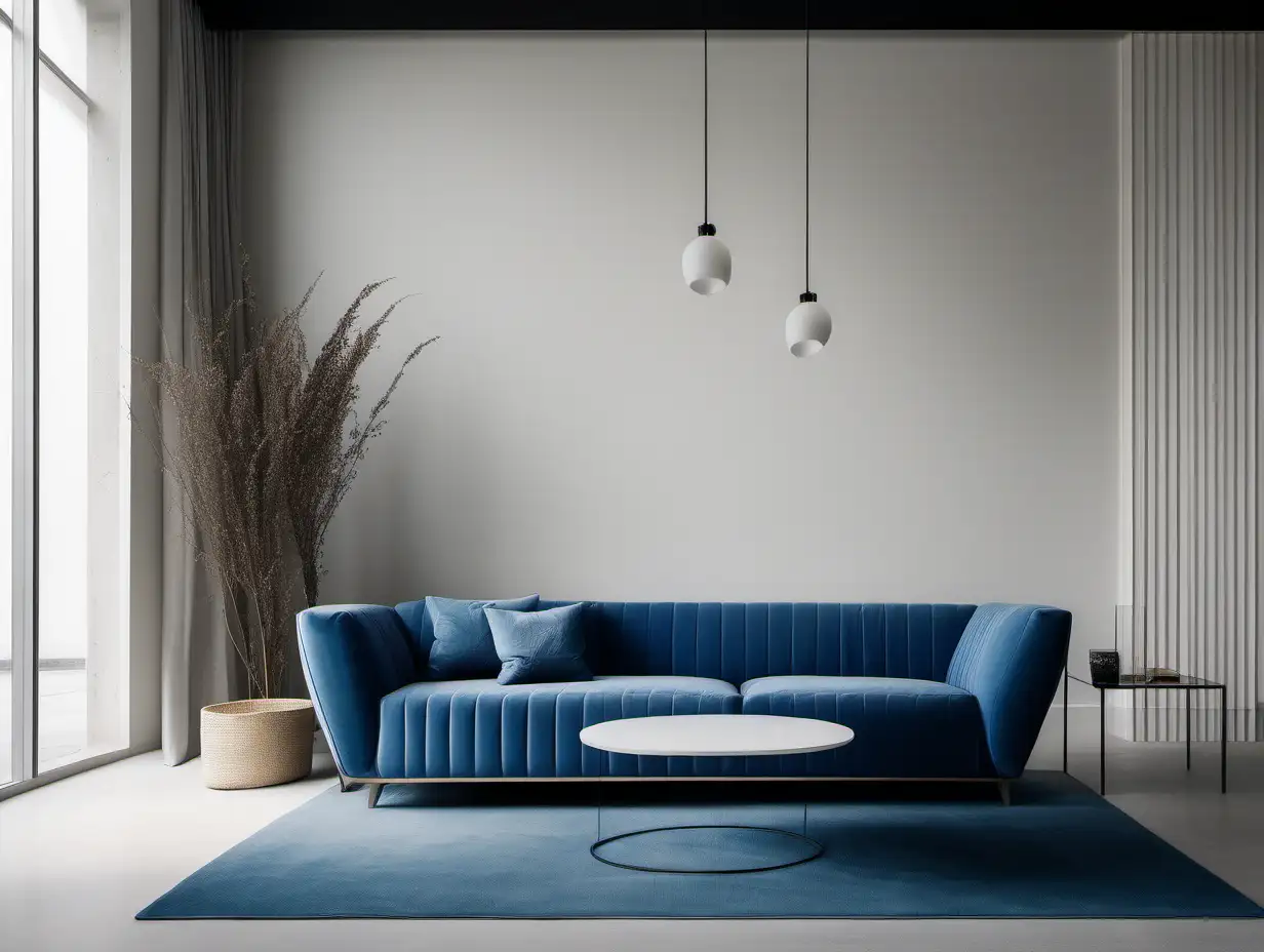 Commercial Photography, modern minimalist living room interior with blue sofa and lamp floor, soft light