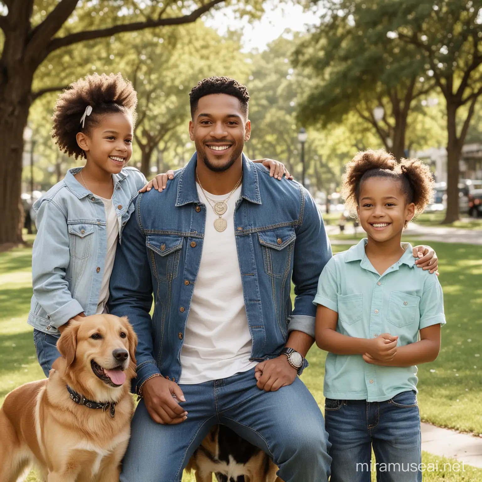 A man of color with his kids, playing in the park he dressed in a blue jean jacket and wearing a dog tag necklace. kids with regular tees