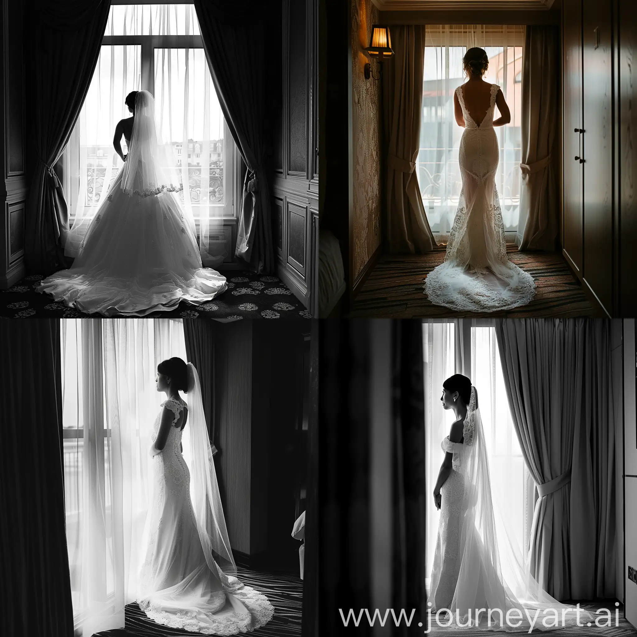 Elegant-Bride-Gazing-Out-from-Urban-Hotel-Window