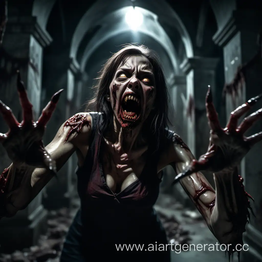 A horrifying nightmare scene of aggressive  a zombie woman with pointed claws on her five-fingered hands, she attacks you, scene inside old crypt, hyper-realism, cinematic, high detail, photo detailing, high quality, photorealistic, terrifying, aggressive, sharp teeth-fangs, dark atmosphere, realistic detailed, detailed nails, horror, atmospheric lighting, full anatomical.