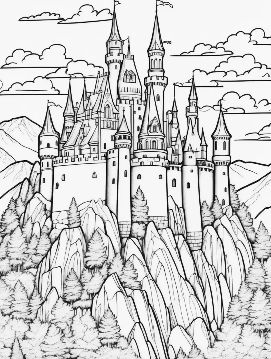 black and white castle on mountain coloring page for adults, cartoon style, thin lines, low details, no shading