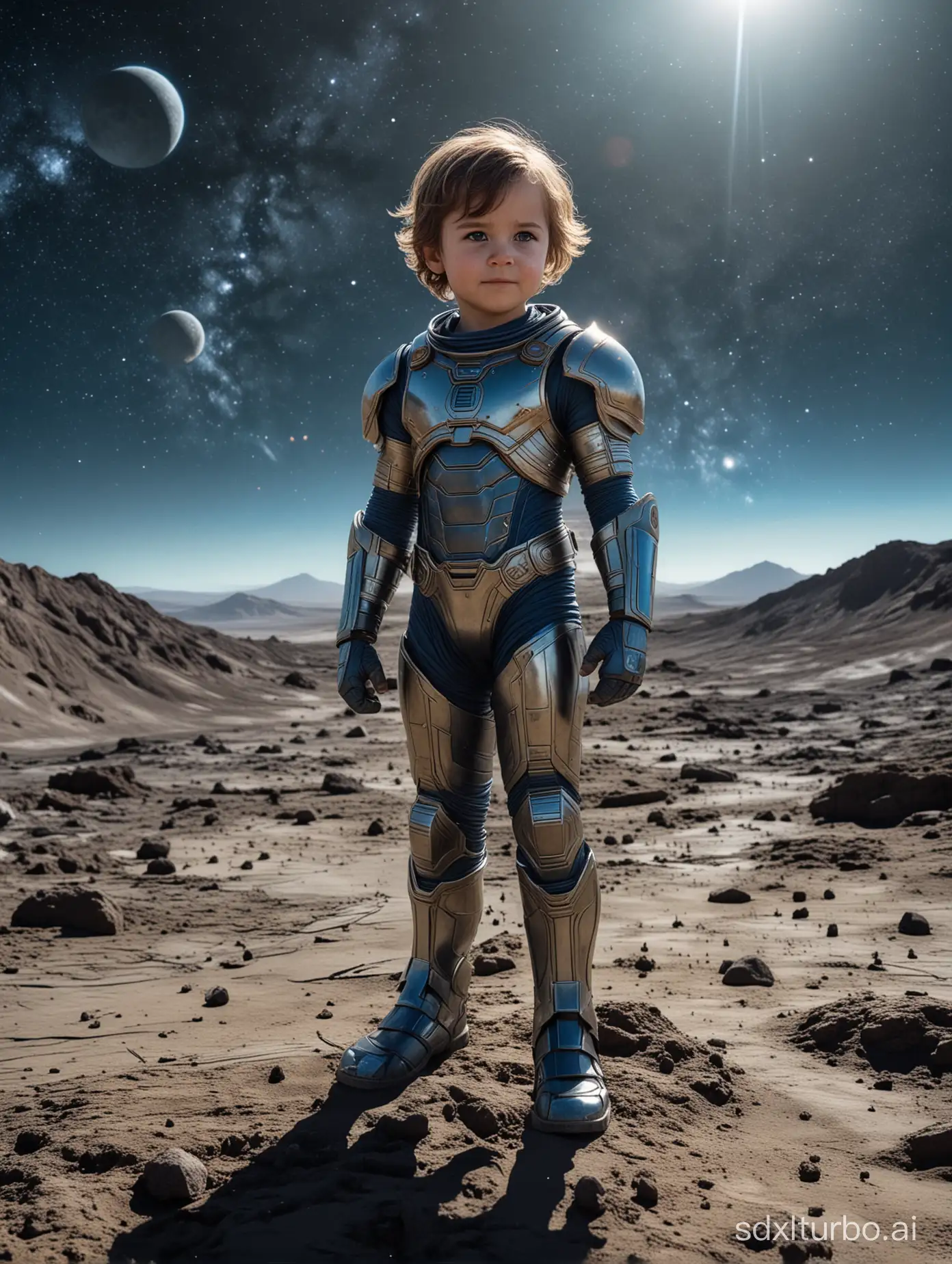一个儿童，全身，面对镜头，能看见五官及头发，变成漫威英雄穿着盔甲站在月球表面，背后有蓝色星球，银河星系若影若现，偏暗