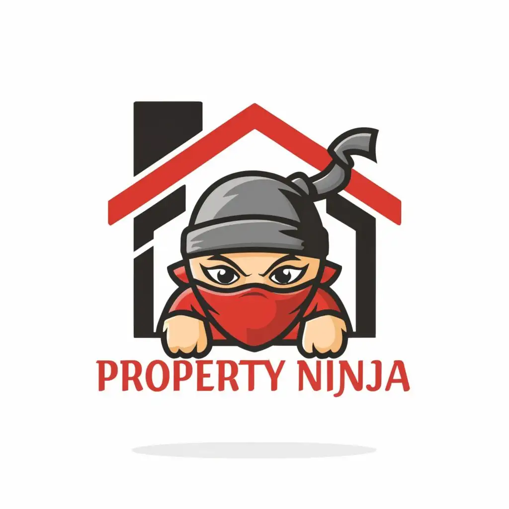 logo, Ninja peeking over house, with the text "Property Ninja", typography, be used in Real Estate industry