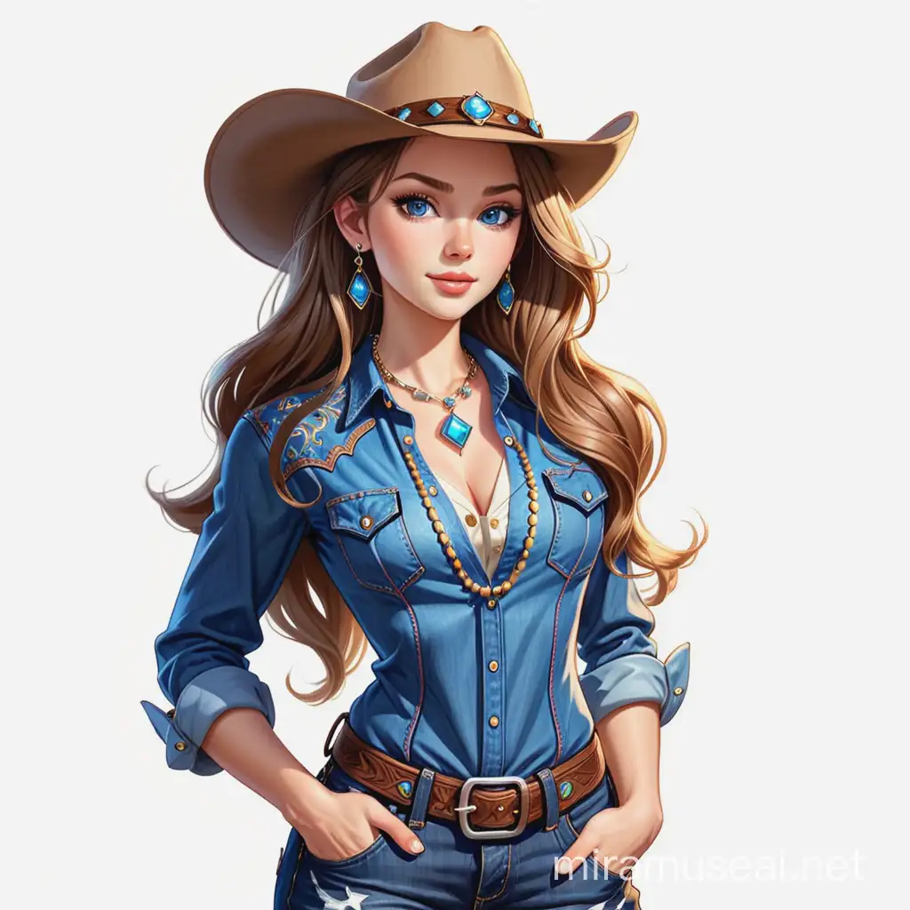 create a cartoon illustration COWGIRL, LONG HAIR, BLUE EYES, WEARING JEWELRY, LOW CUT WESTERN sHIRT, DENIM JEANS AND COWBOY BOOTS.