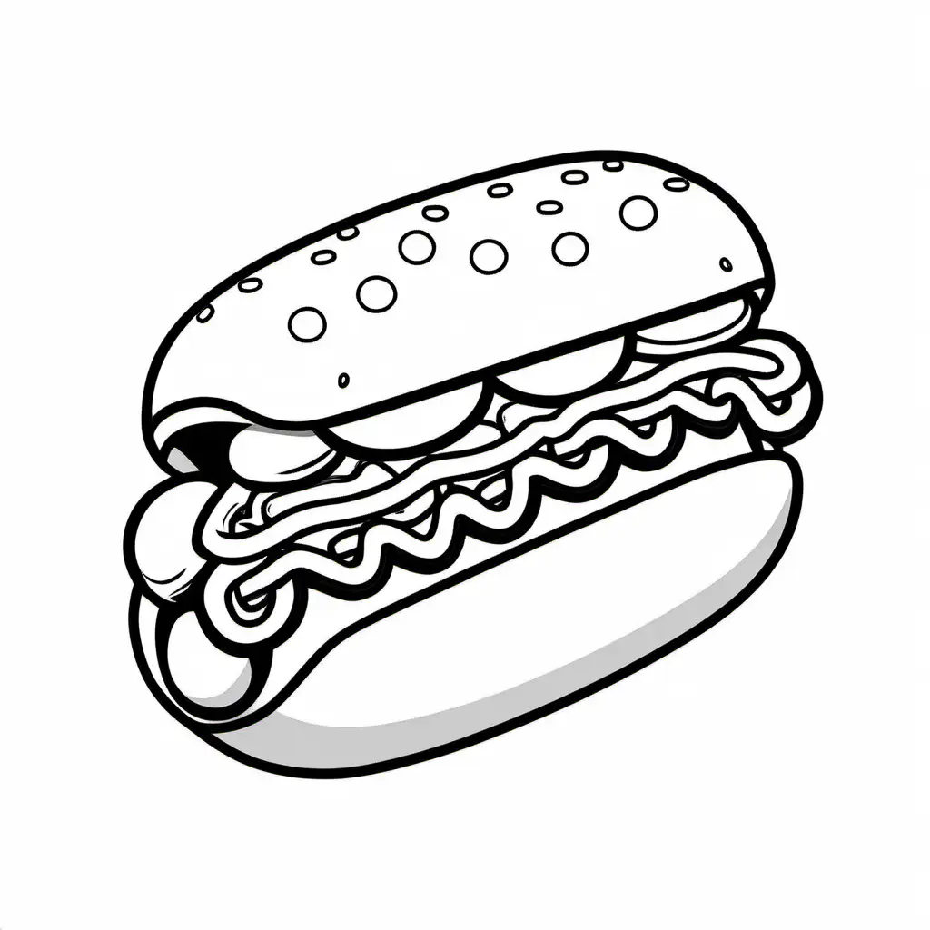 Cute Hot Dog Playful Coloring Page, black and white, line art, white background, Simplicity, Ample White Space, Coloring Page, black and white, line art, white background, Simplicity, Ample White Space. The background of the coloring page is plain white to make it easy for young children to color within the lines. The outlines of all the subjects are easy to distinguish, making it simple for kids to color without too much difficulty