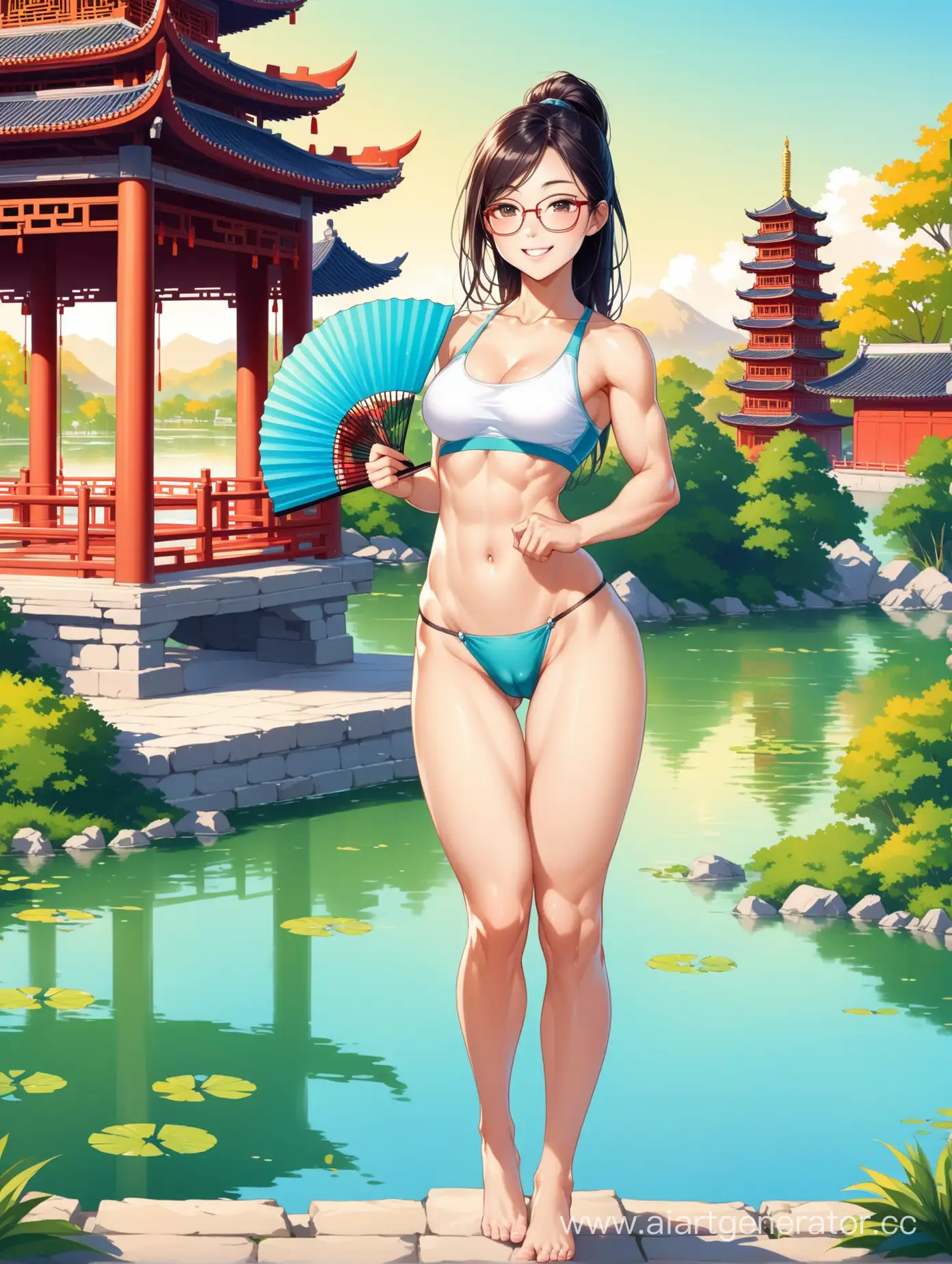 A full-length, thin, smiling Chinese young woman with a narrow waist, wide pelvis, muscular legs and hairy crotch, wearing glasses and carrying a fan, stands near a pond against the background of a pagoda on a bright sunny day