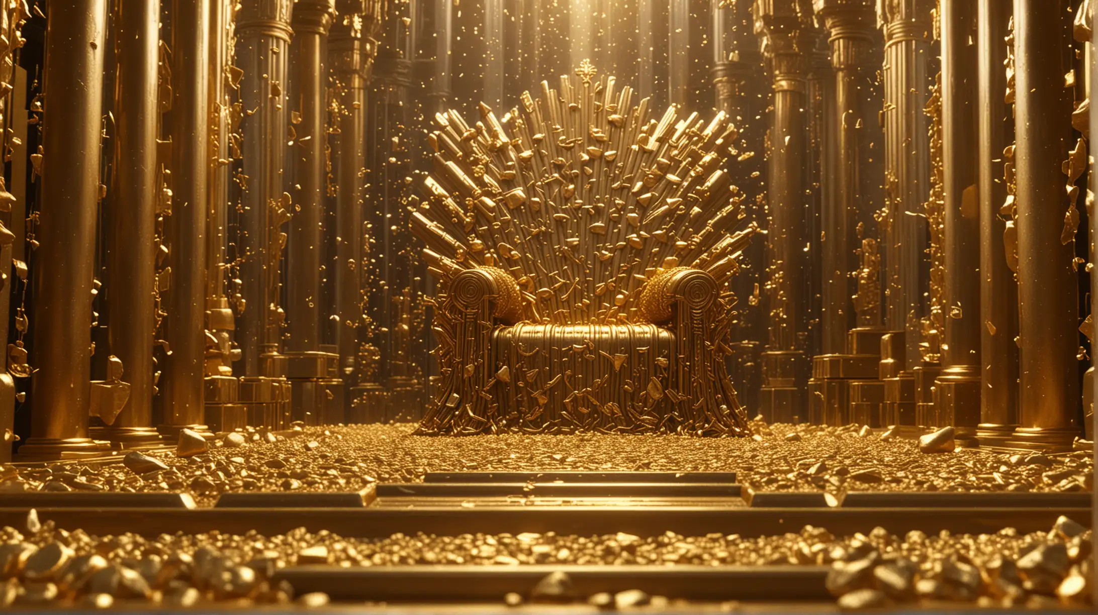 throne room made entirely out of gold. double height. very intricately and microscopically detailed. light particles. cinematic lighting and cinematic shading. surrounded by gold bars and melted gold. fanatically pragmatic 3d blender sfm compositions. ultra realistic blender sfm textures.