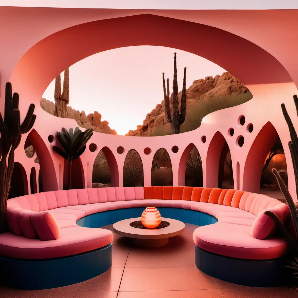 gaudi inspired walls with mid-century conversation pit in a desert oasis at sunset. pink orange blue hues